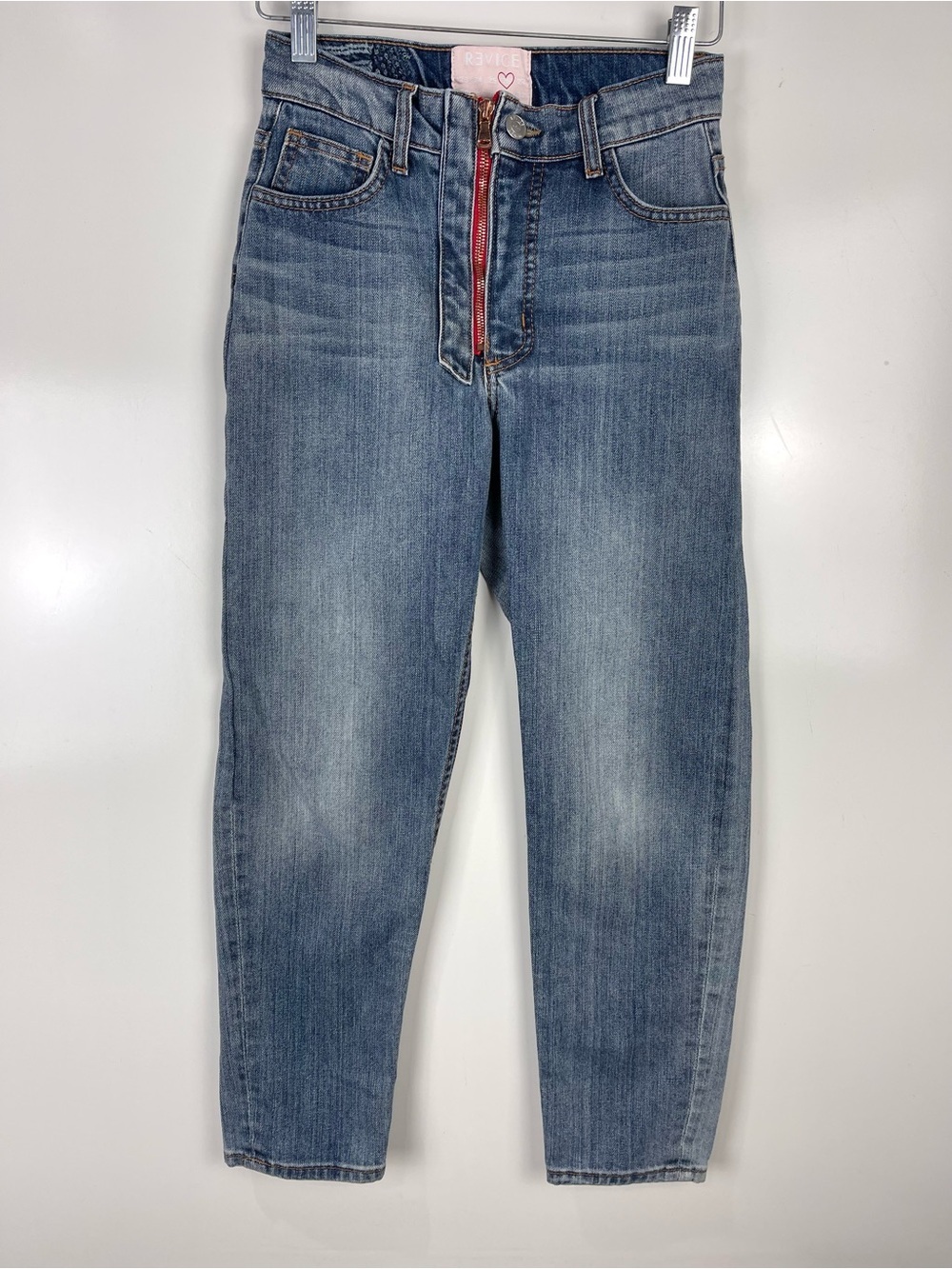 Revice Exposed Zipper High Rise Cropped Jeans Women’s Size 26 Red Heart Patch